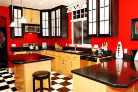 Сочетание красного с черным и белым в кухонном интерьере выглядит впечатляюще